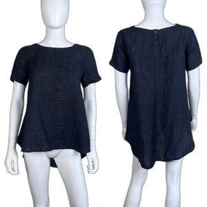 Eileen Fisher Women's Size XS Denim Organic Linen High Low Tunic Oversize Blouse